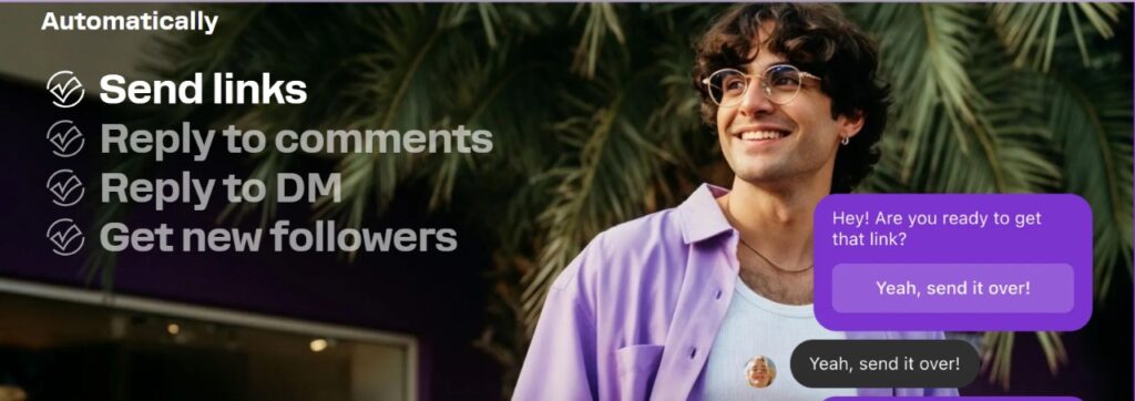 Manychat automation features for sending links, replying to comments, and growing followers