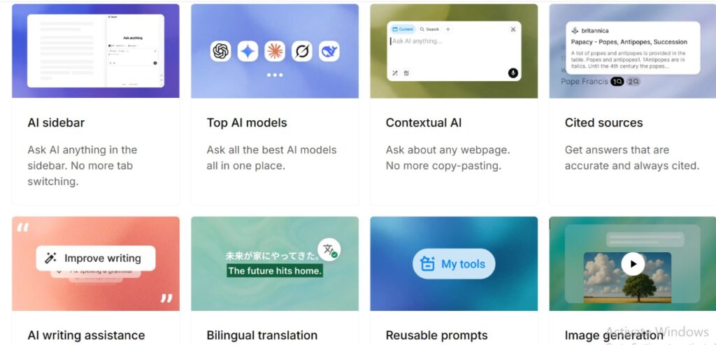 MaxAI Promo Code – Key features including AI sidebar, top AI models, contextual AI, writing assistance, translation, prompts, and image generation.