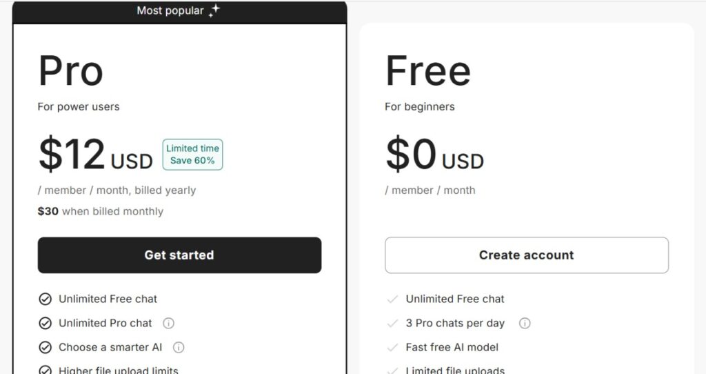 MaxAI pricing plans showing Free plan at $0 per month and Pro plan at $12 per month with 60% discount.