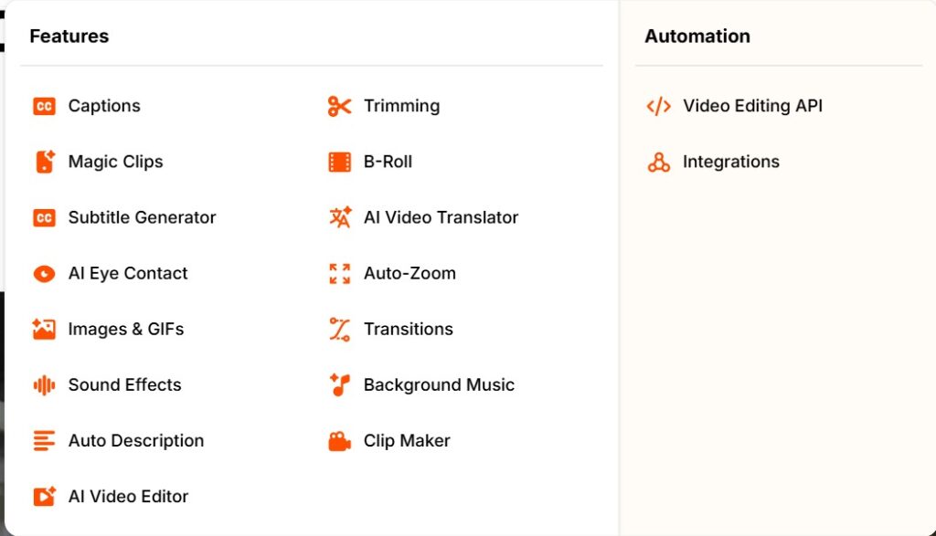 Submagic features including AI captions, magic clips, B-roll, transitions, and API with promo code discount