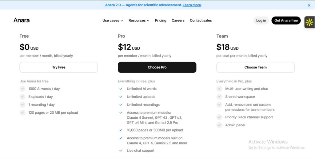 Unriddle pricing plans showing Free, Pro, and Team packages with features and monthly costs.